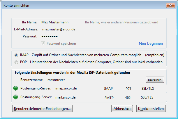 Start Thunderbird Net Verwendet Ein Ungültiges Sicherheitszertifikat Automatisch ein Konto konfigurieren lassen | Hilfe zu Thunderbird