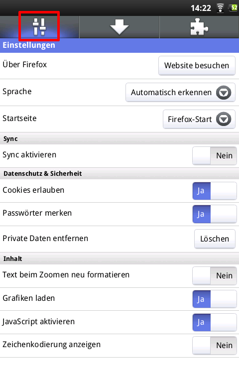 Einstellungsdialog Firefox Mobile 4 Deutsch (Android)