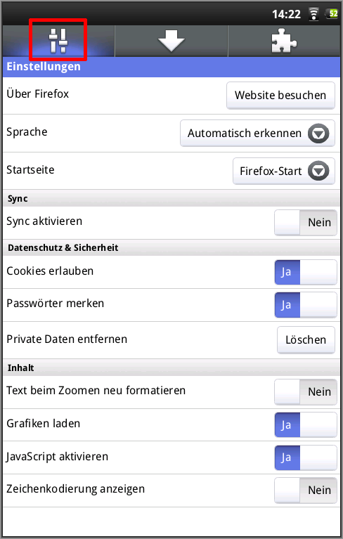 Einstellungsdialog Firefox Mobile 4 Deutsch (Android 2.2)