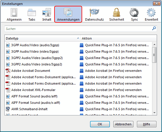 Einstellungen-Fenster - Anwendungen-Abschnitt Win 01