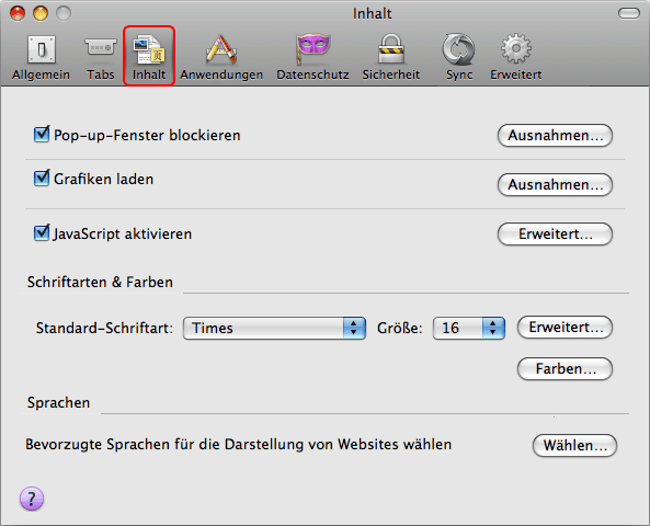 Einstellungen-Fenster - Inhalts-Abschnitt Fx4/5 (Mac)