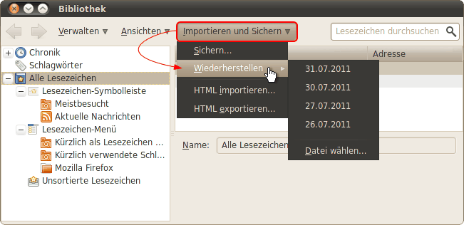 Lesezeichen wiederherstellen Linux