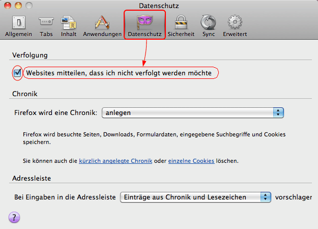 Einstellungen Erweitert Allgemein Nicht Verfolgen Fx6 Mac