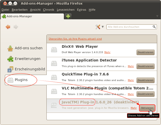 Java-Plugin aktivieren - Fx9 - Linux