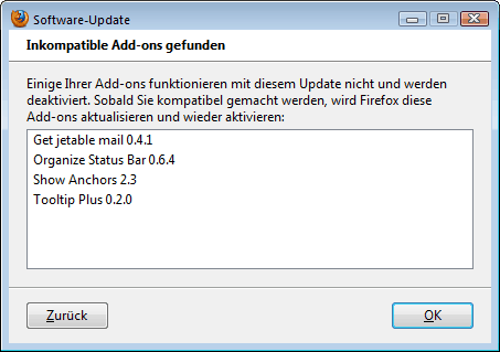 Nicht kompatible Add-ons - Win