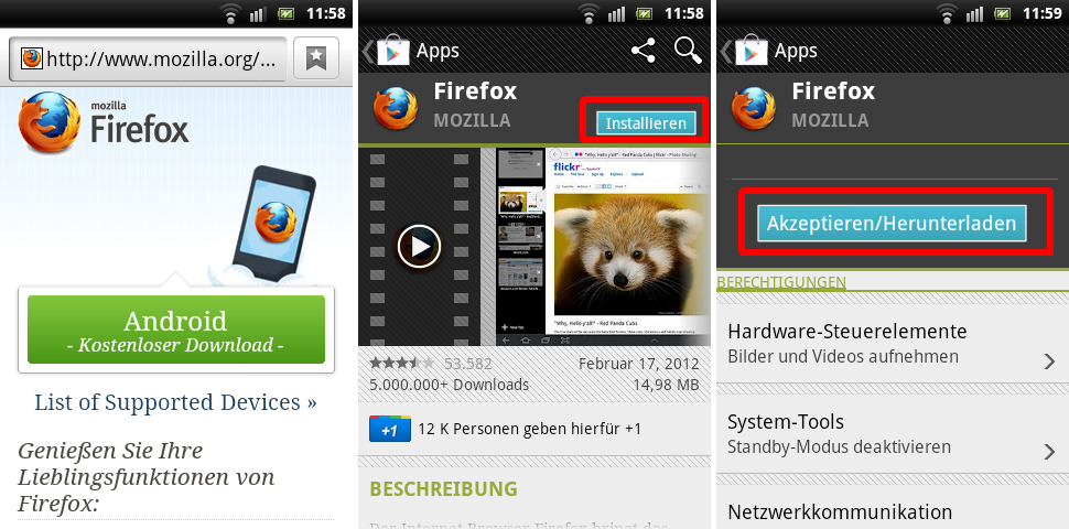 Installationsvorgang Firefox Mobile