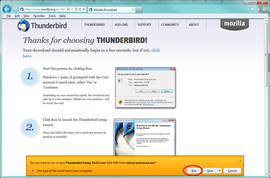 click on run to install thunderbird