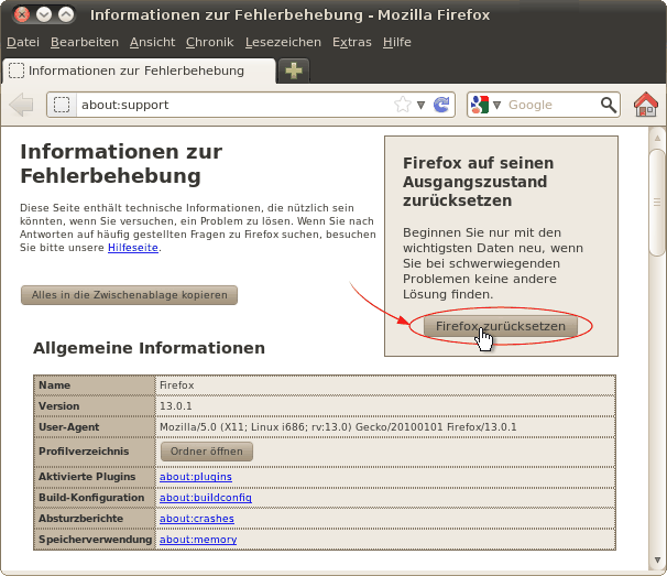 Firefox zurücksetzen - Linux - Fx13