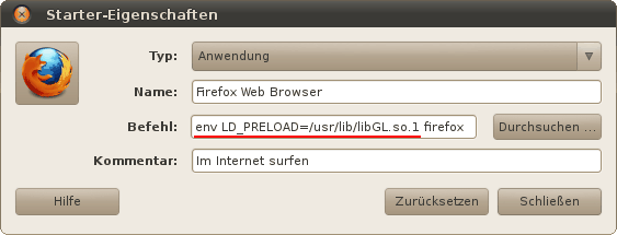 Starter-Eigenschaftenfenster Linux