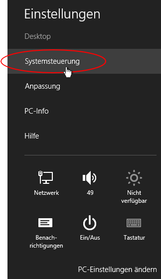 Systemsteuerung aufrufen - Win8