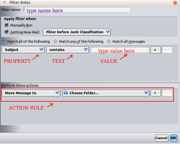 Elements of a new Filter Rules dialog-updated