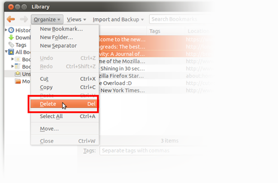 delete bookmarks linux