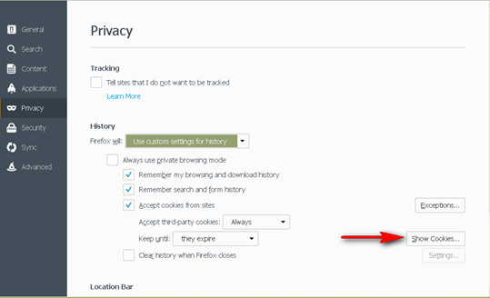 Privacy - show cookies - firefox 38