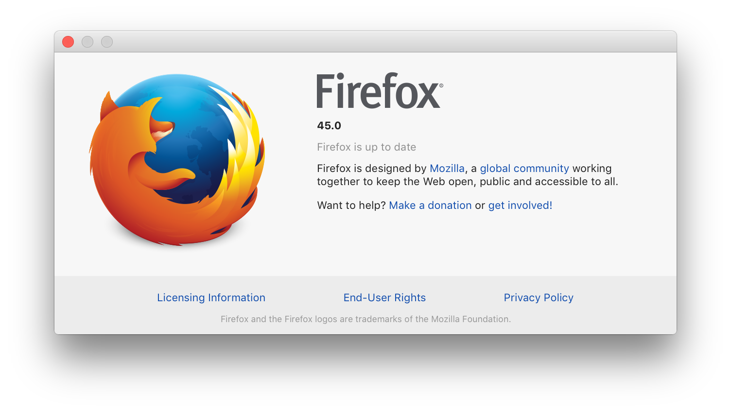Firefox About window - v45 Mac