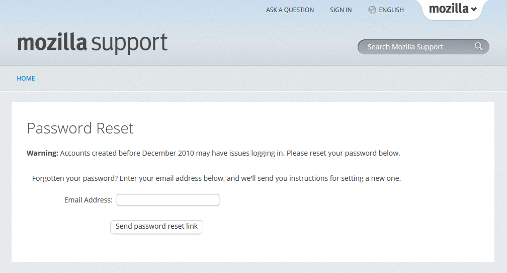 Mozilla Support Password Reset