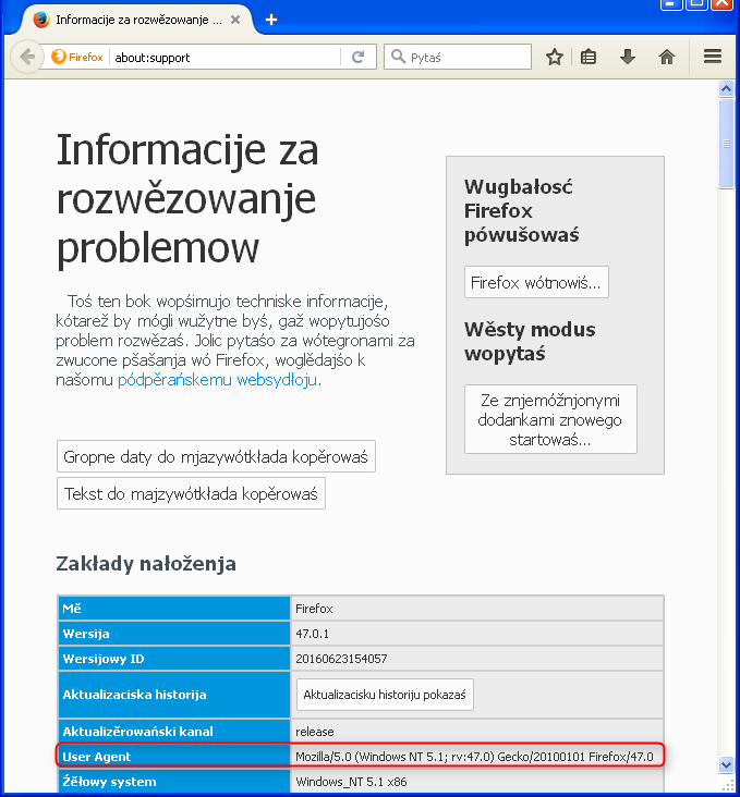 rozwězowanje problemow user agent fx47