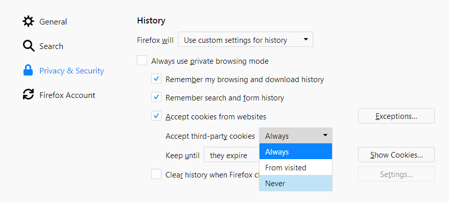 Fx57CustomHistory3rdPartyCookies-never