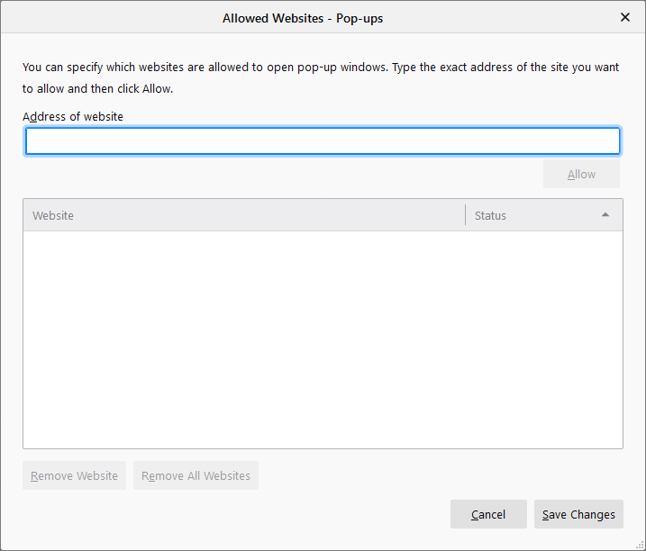 Allowed Websites Pop-ups