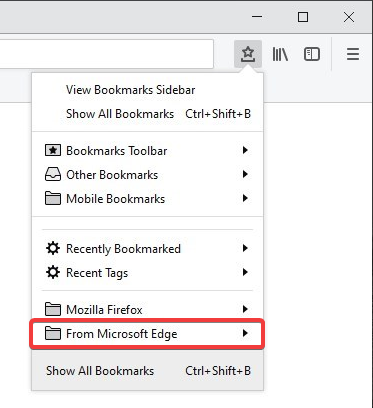 Bookmarks Menu with From Microsoft Edge folder