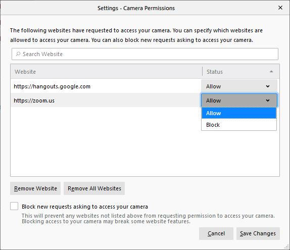 Camera Permission Settings - Options page