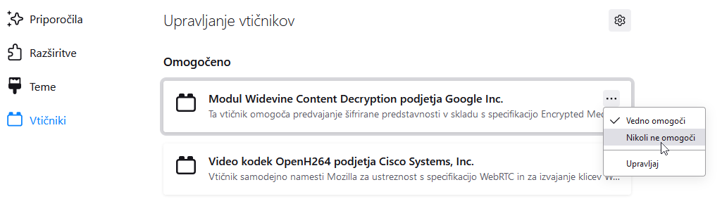 Fx96 Nikoli ne omogoci Widevine