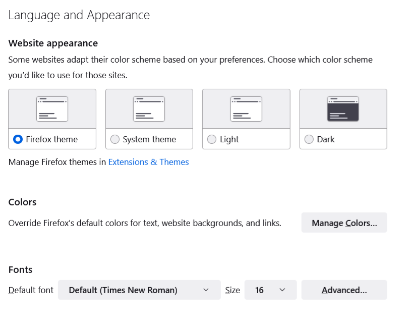 Topic: the defaults for Firefox, General, Language & Appearance, Fonts