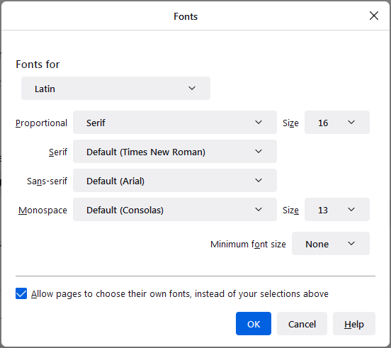 Topic: the defaults for Firefox, General, Language & Appearance, Fonts