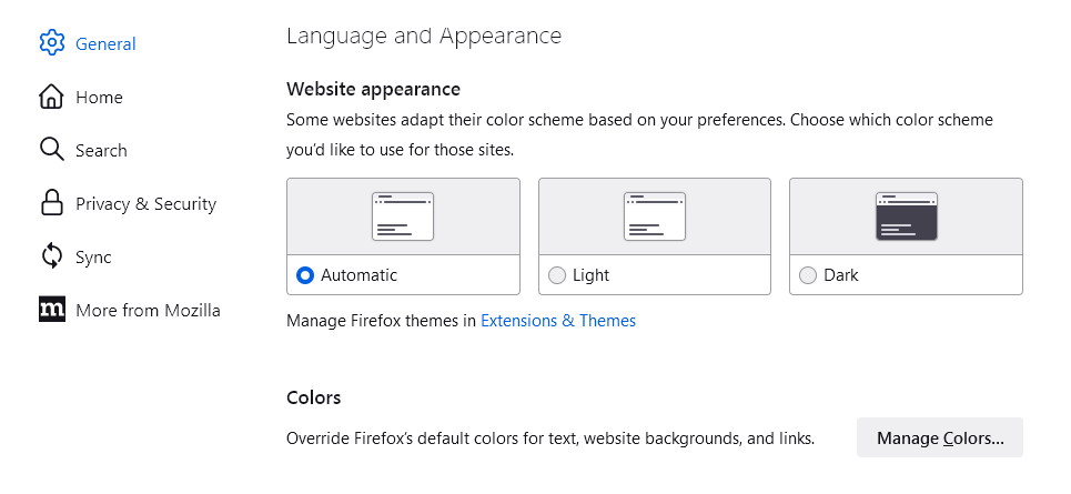Topic: the defaults for Firefox, General, Language & Appearance, Fonts