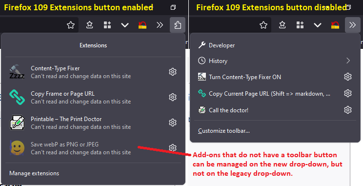Extensions button vs. Overflow - Firefox 109