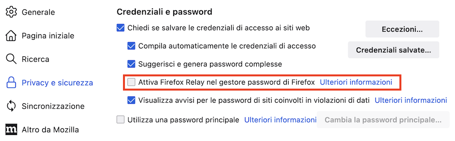 Credenziali_password_impostazioni_casella_AttivaFirefox Relay_fx111