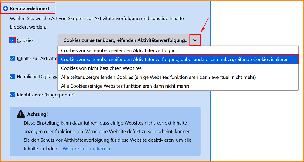 Einstellungen Datenschutz Benutzerdefiniert Cookies fx111