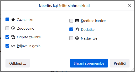 Fx112 Izberite kaj zelite sinhronizirati