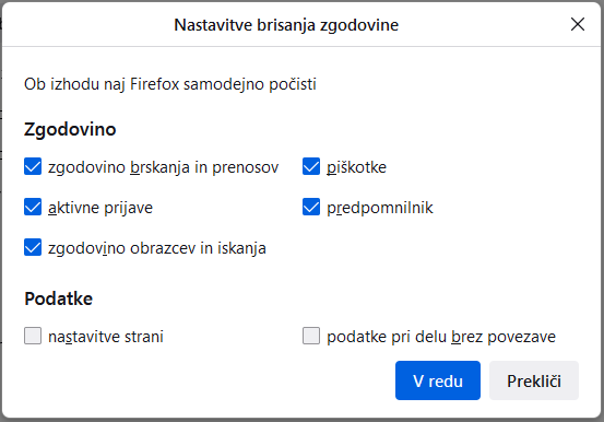 Fx113 Nastavitve brisanja zgodovine