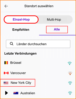 VPN Standort wählen Einzel Hop Alle