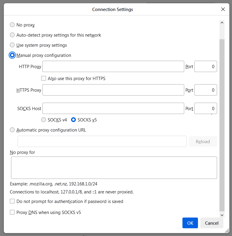 Connection settings in Firefox