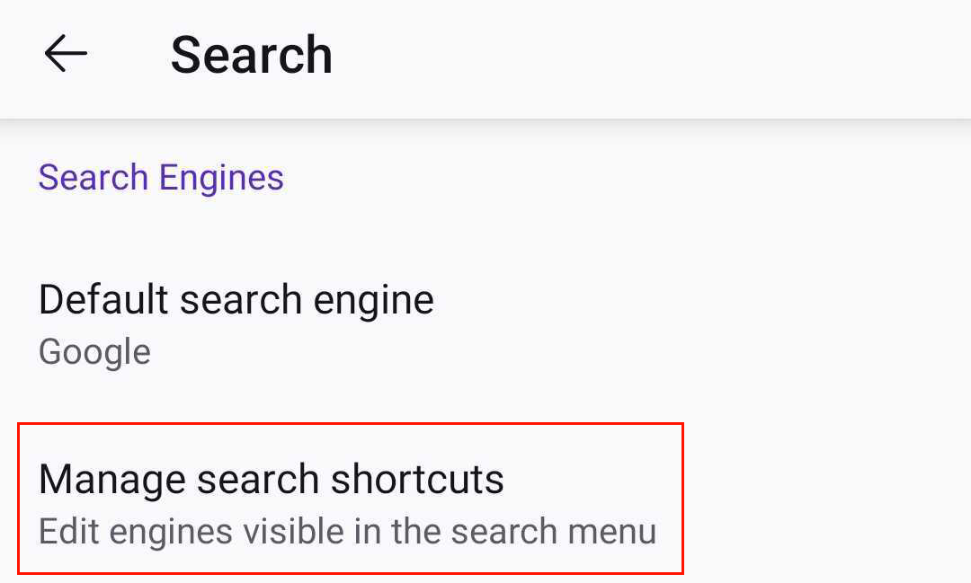 Manage seacrh shortcuts Android