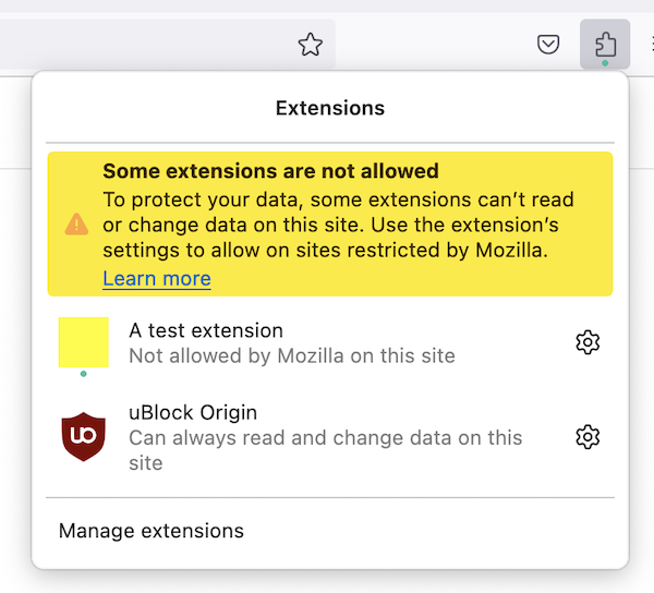 Extensions panel with warning about add-ons not allowed on the site in Firefox 116 and above