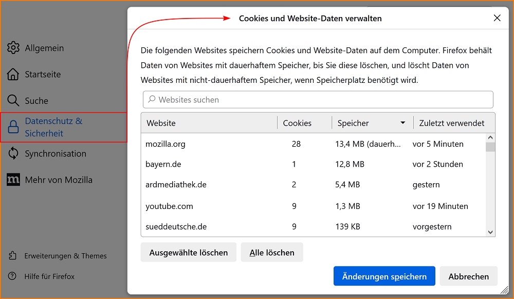 Einstellungen Cookies und Website-Daten verwalten Liste fx115