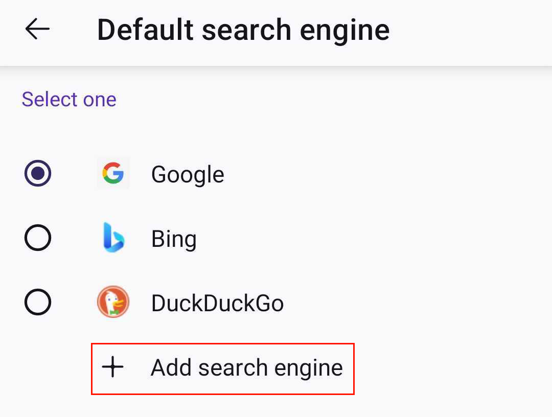 Manage search engines Android 10
