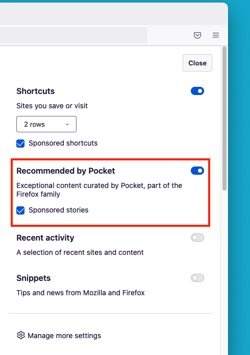 Recommended by Pocket in the settings menu