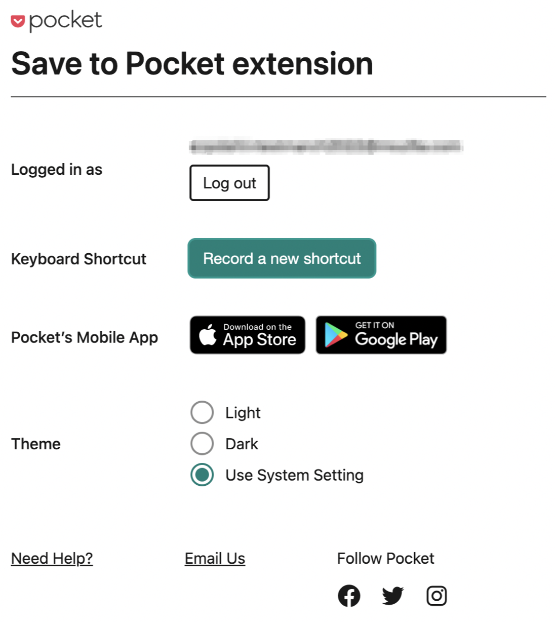 Save to Pocket extension options menu