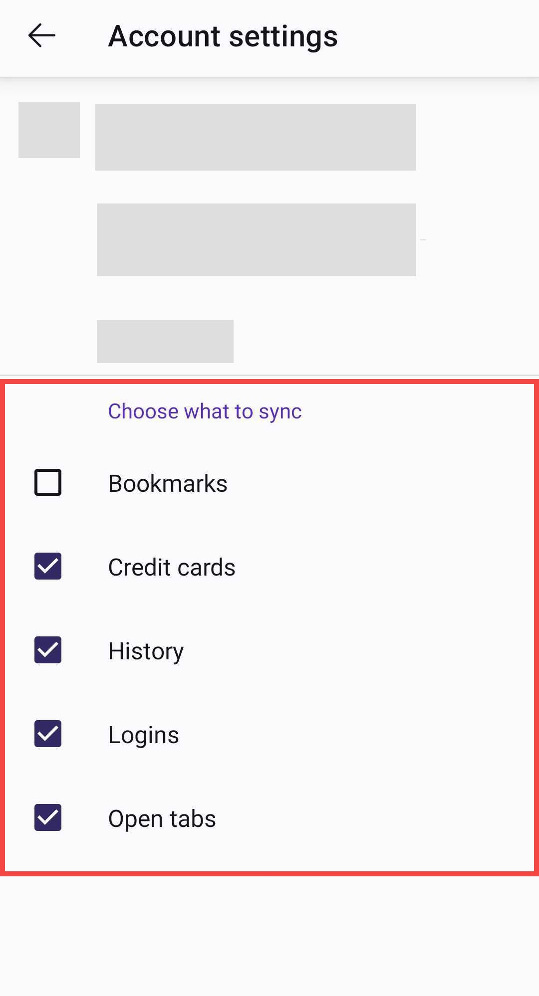 Choose what to sync simplified