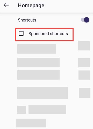 Android unselect sponsored shortcuts