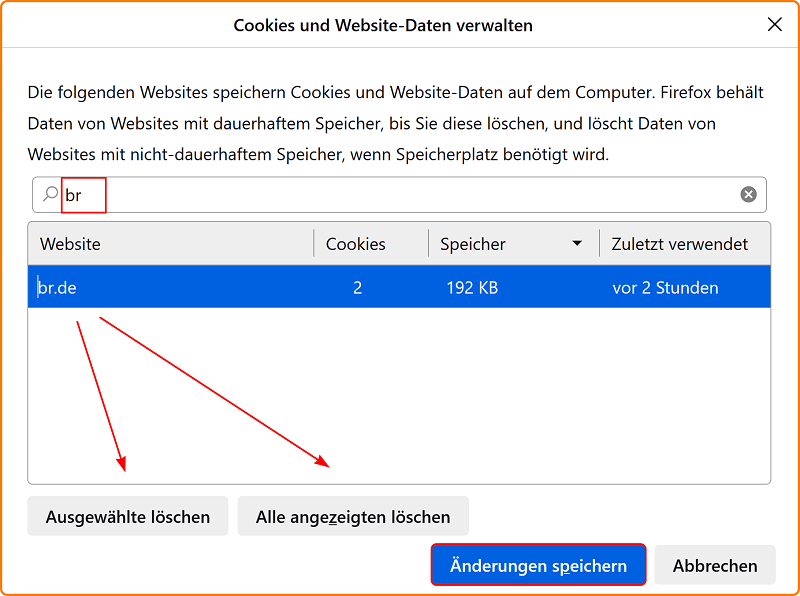 Einstellungen Datenschutz Cookies und Website-Daten entfernen fx115