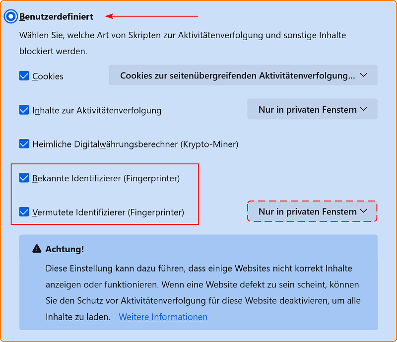 Einstellungen Datenschutz Fingerprinter