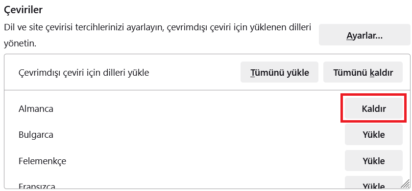 Çeviri ayarları dil kaldır