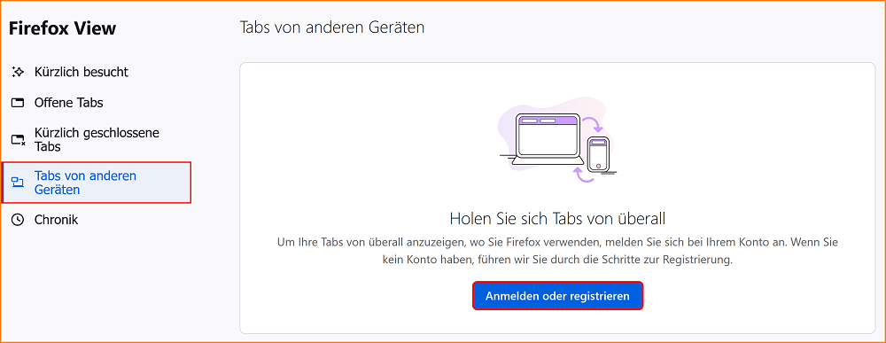 Firefox View Tabs von anderen Geräten