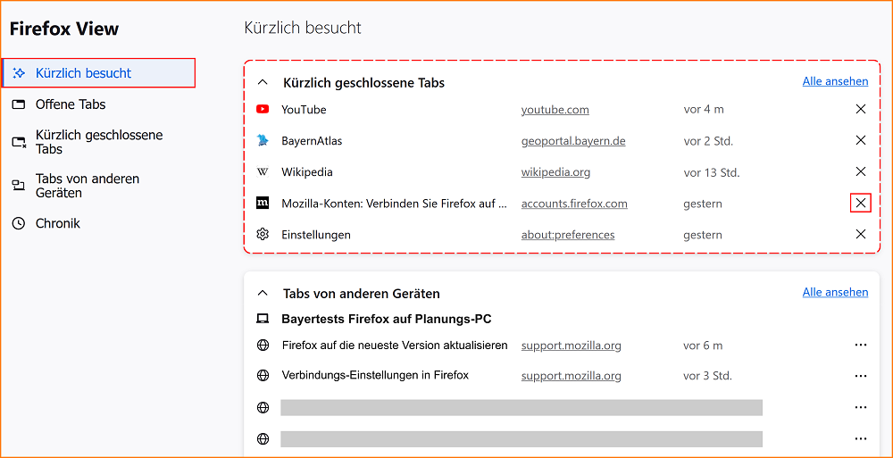 Firefox View Kürzlich besucht