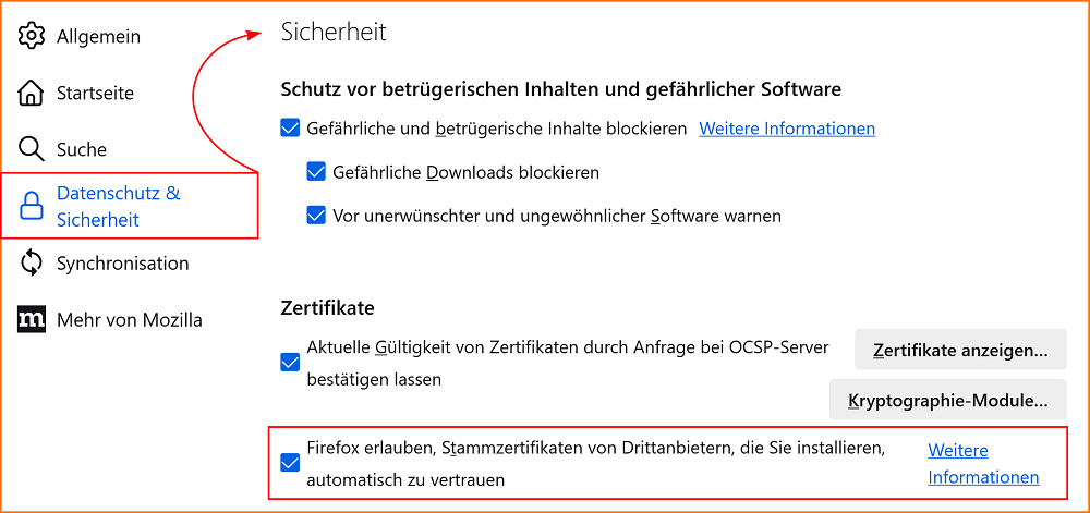 Einstellungen Datenschutz Drittanbieterzertifikate fx120