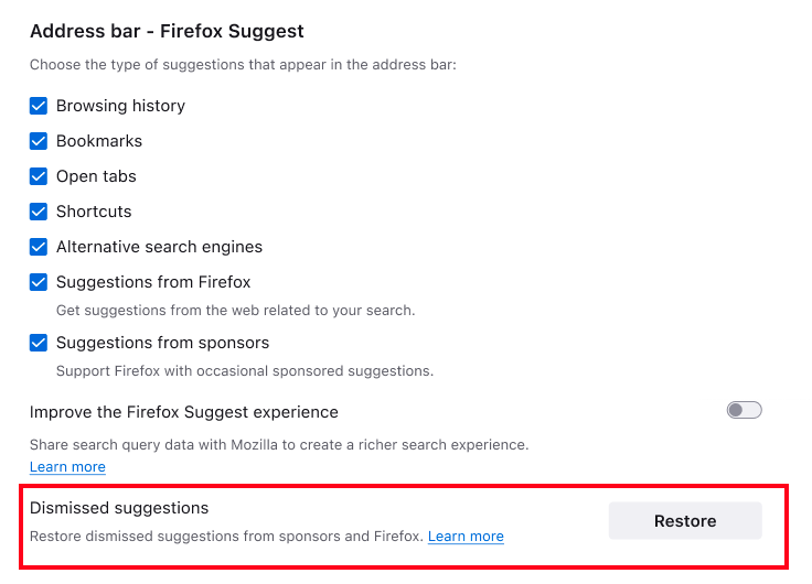 Firefox suggest - dismissed suggestions